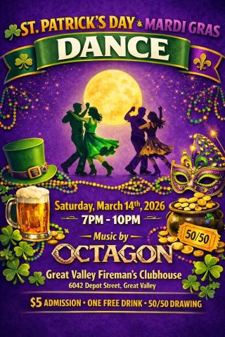 poster for 2026 St. Patrick’s Day dance party at the Great Valley Fireman's Clubhouse